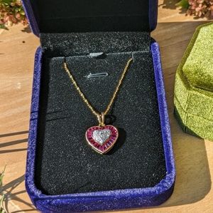 Vintage Heart Ruby Diamond Pendant Necklace 14K Yellow Gold 16 inch